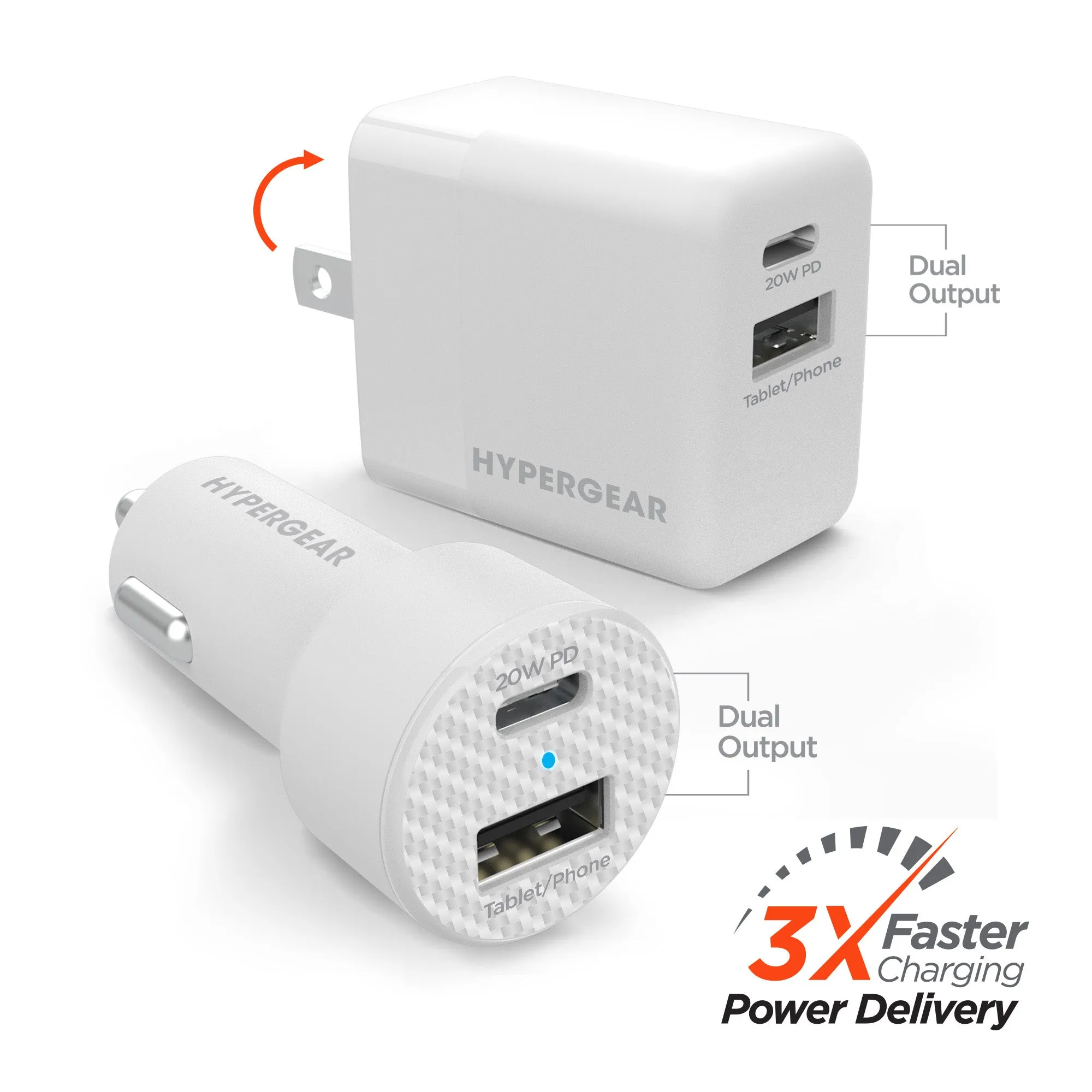 USB-C Power Delivery Bundle | 20W USB-C PD   12W USB Fast Wall Charger and Fast Car Charger | White