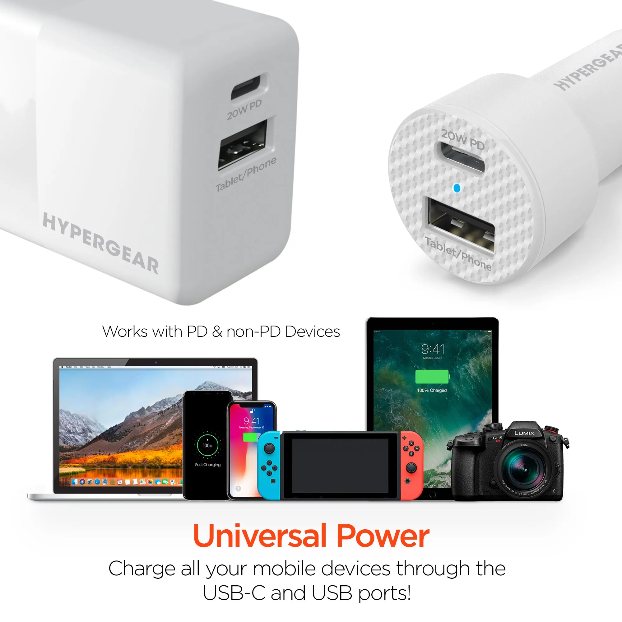 USB-C Power Delivery Bundle | 20W USB-C PD   12W USB Fast Wall Charger and Fast Car Charger | White