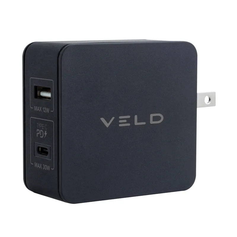 Veld Double Outlet 42W USB & Type-C Fast Travel Charger - Black | VT42FB