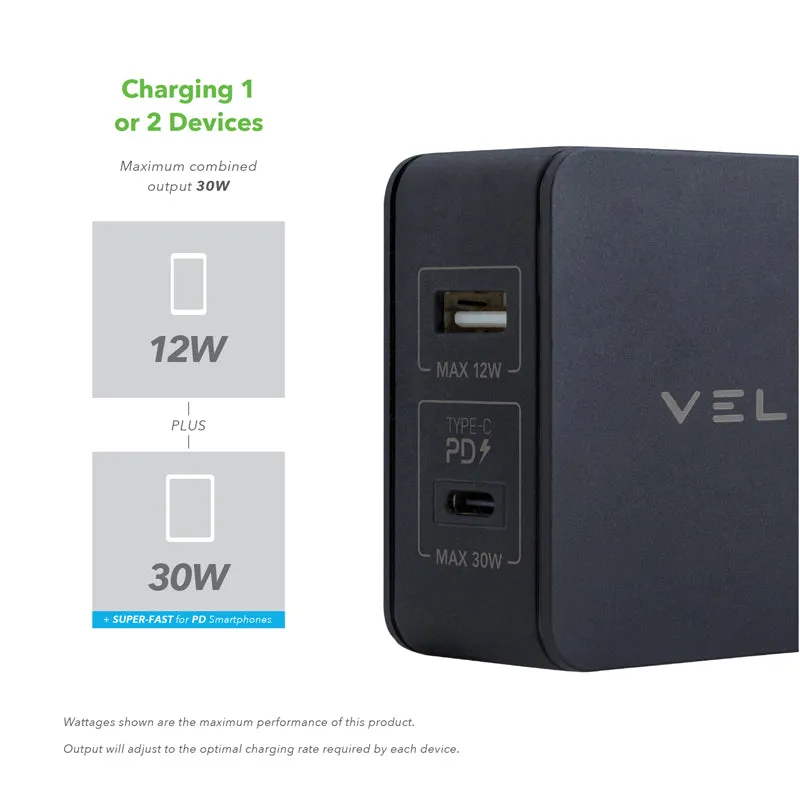 Veld Double Outlet 42W USB & Type-C Fast Travel Charger - Black | VT42FB