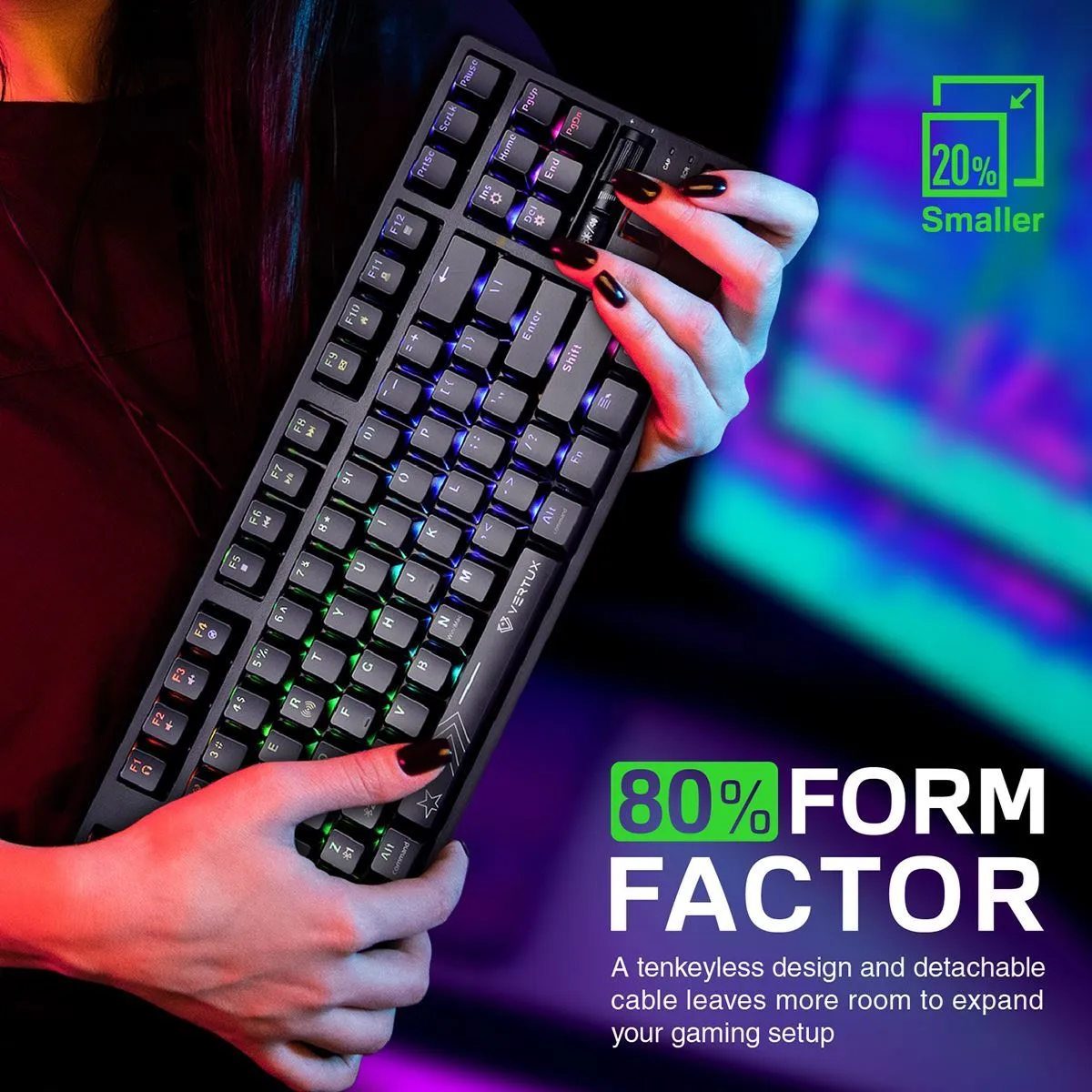 Vertux HyperSpeed Mechanical Gaming Keyboard, RGB LED Backlit Keys, Built-in 2000mAh Battery, Wireless