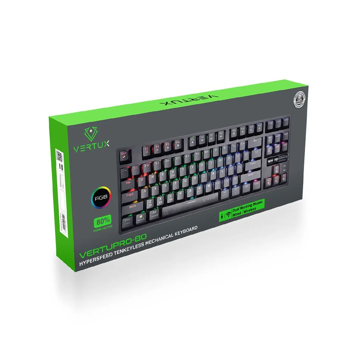 Vertux HyperSpeed Mechanical Gaming Keyboard, RGB LED Backlit Keys, Built-in 2000mAh Battery, Wireless