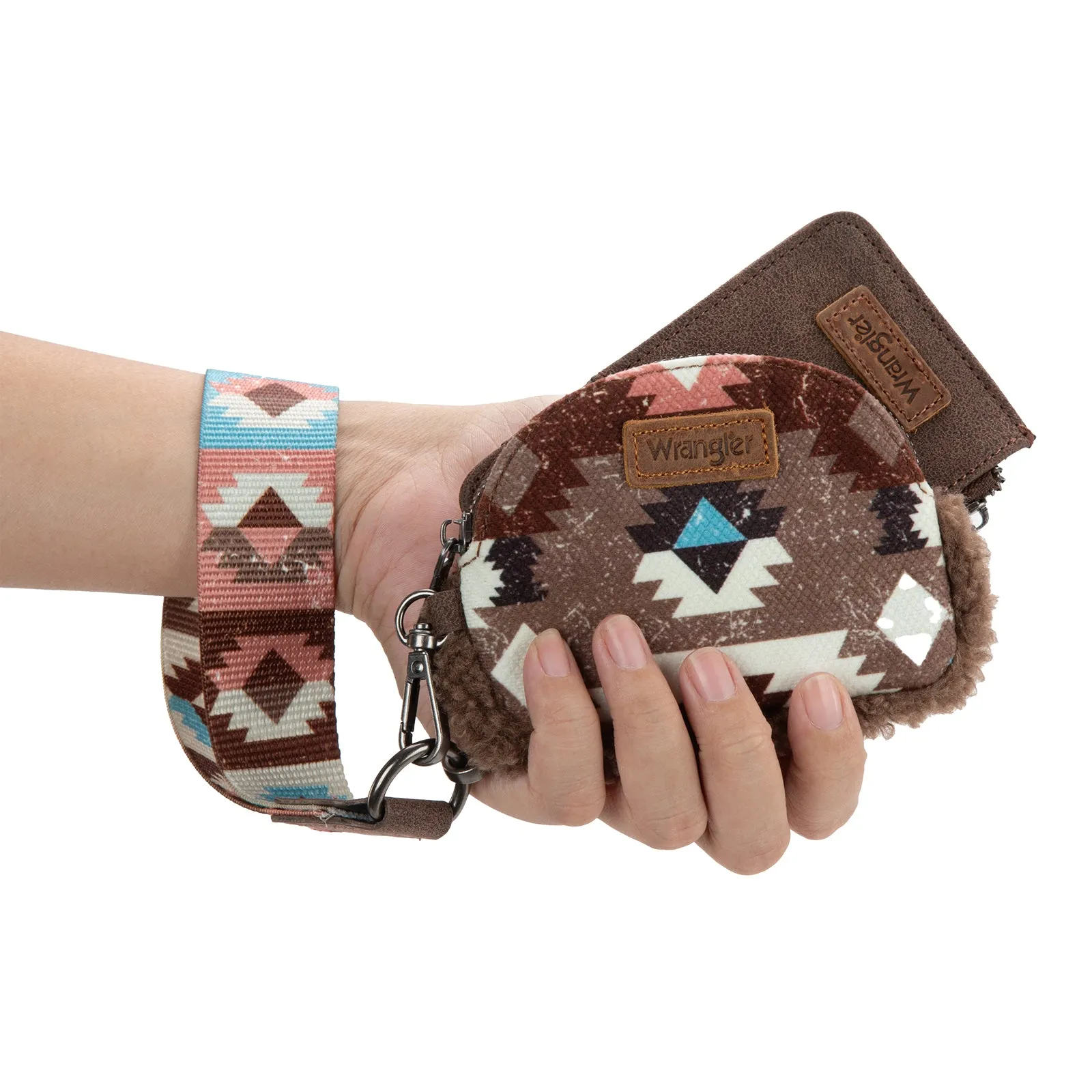 WG166-W0051  Wrangler Sherpa Southwestern Art Print Dual Pouch Wristlet -Coffee