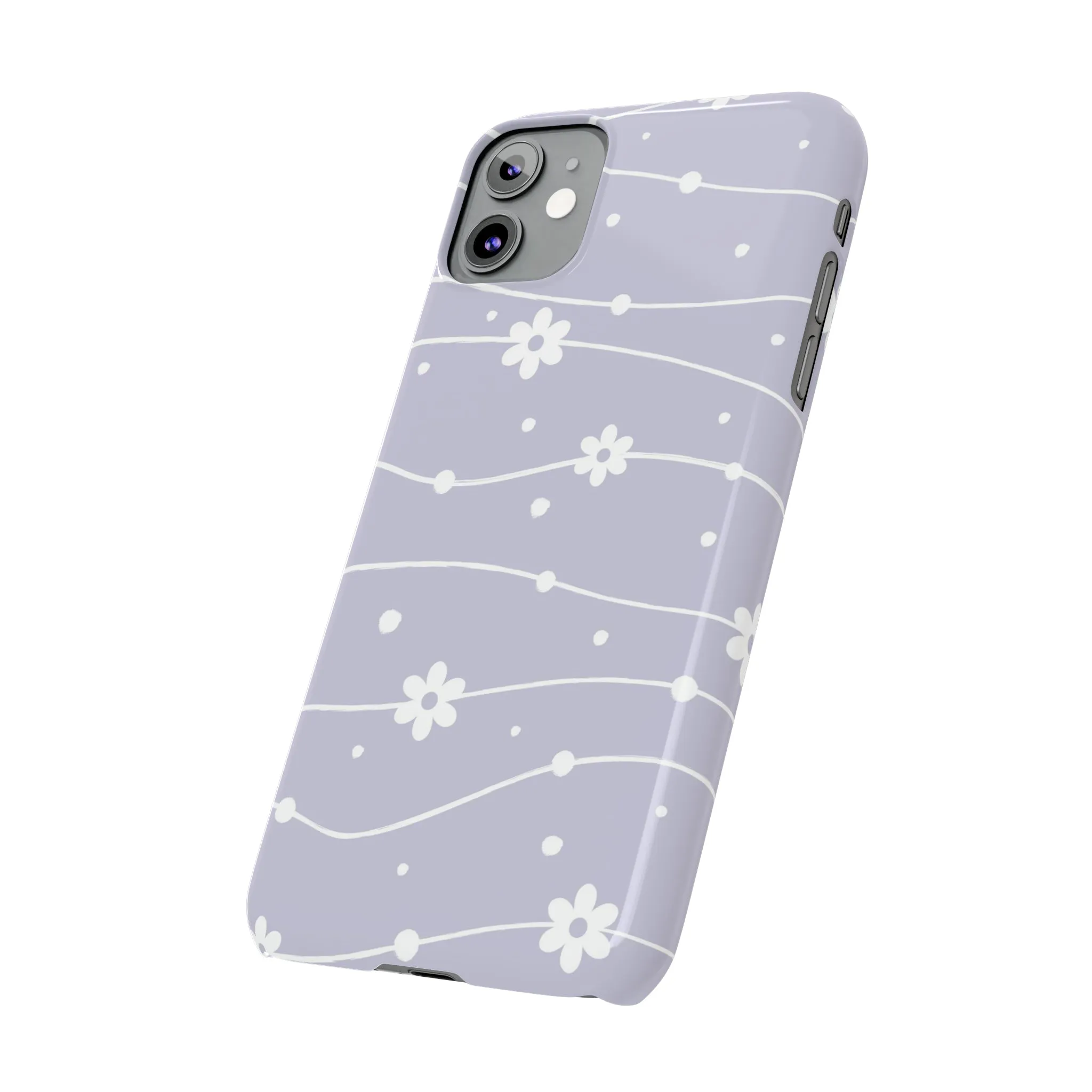 White Daisies and Polka Dots with purple background Design Sleek Elegance Wireless-Charging Compatible Phone Case Slim Phone Case compatible with over 20 iphone models