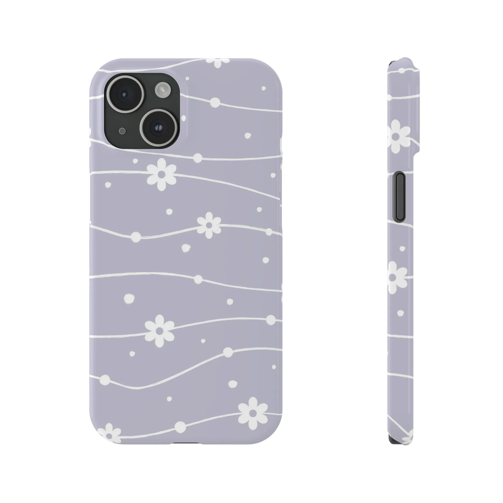 White Daisies and Polka Dots with purple background Design Sleek Elegance Wireless-Charging Compatible Phone Case Slim Phone Case compatible with over 20 iphone models