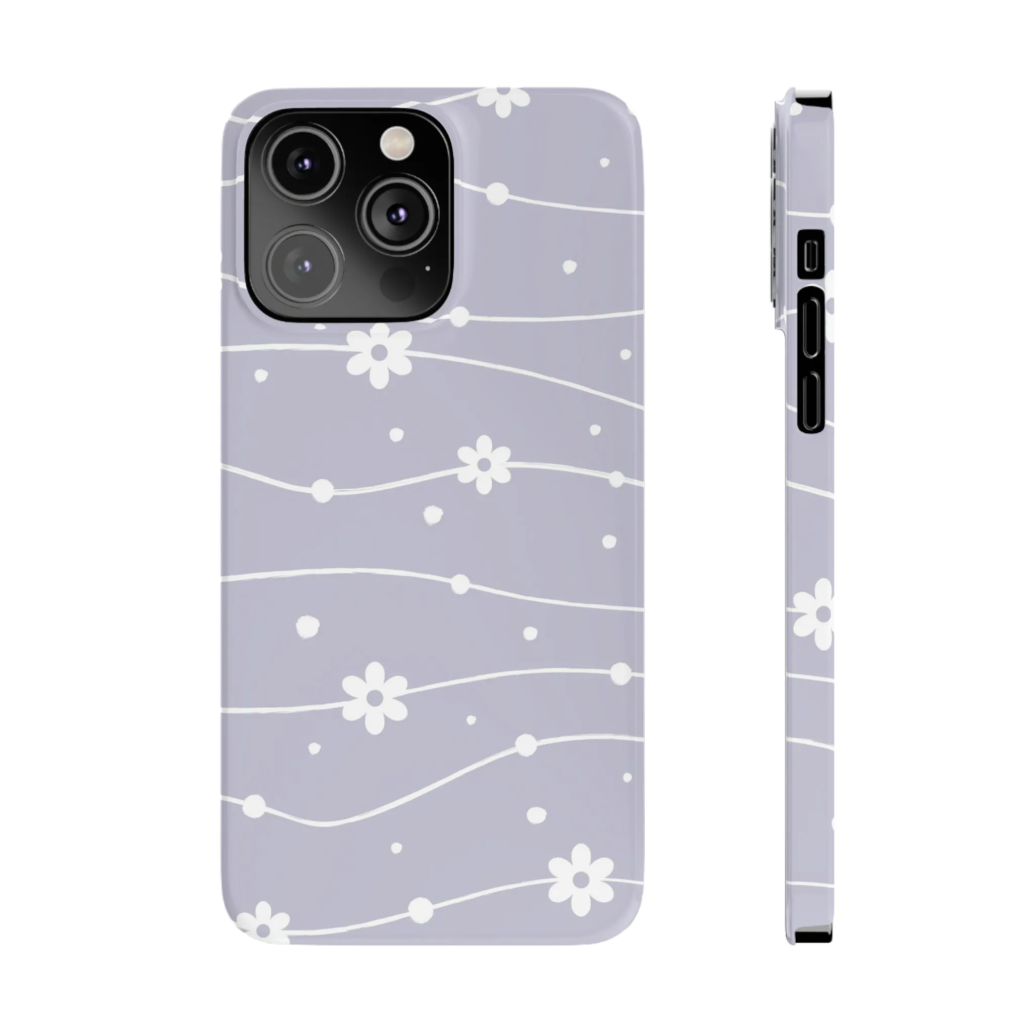 White Daisies and Polka Dots with purple background Design Sleek Elegance Wireless-Charging Compatible Phone Case Slim Phone Case compatible with over 20 iphone models