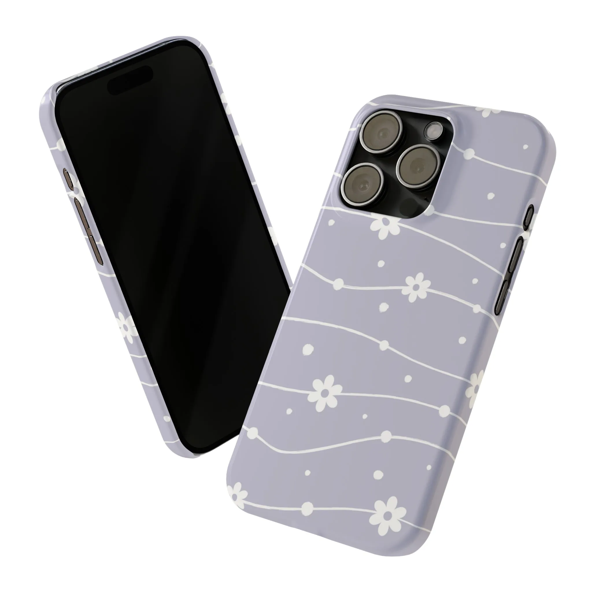 White Daisies and Polka Dots with purple background Design Sleek Elegance Wireless-Charging Compatible Phone Case Slim Phone Case compatible with over 20 iphone models