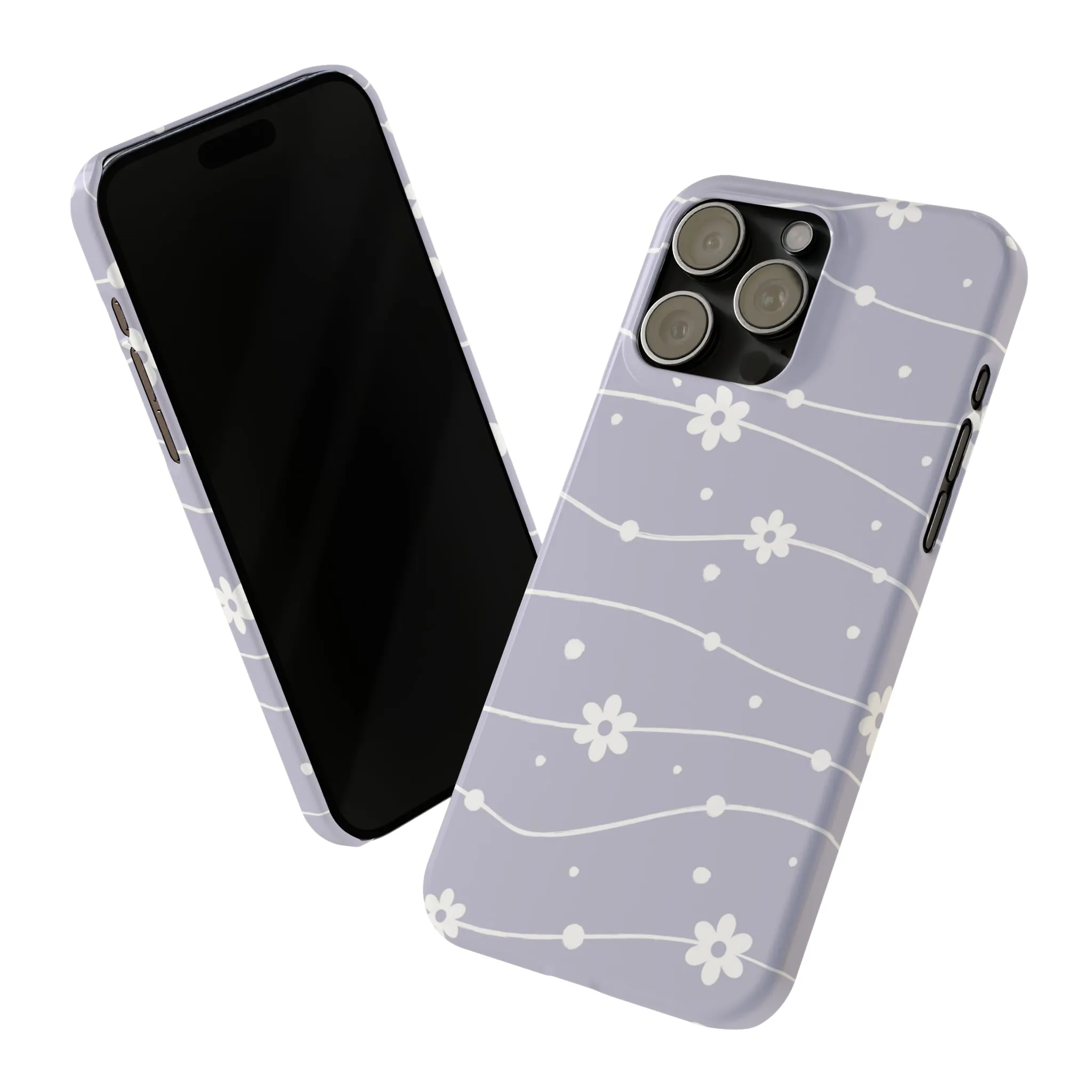 White Daisies and Polka Dots with purple background Design Sleek Elegance Wireless-Charging Compatible Phone Case Slim Phone Case compatible with over 20 iphone models