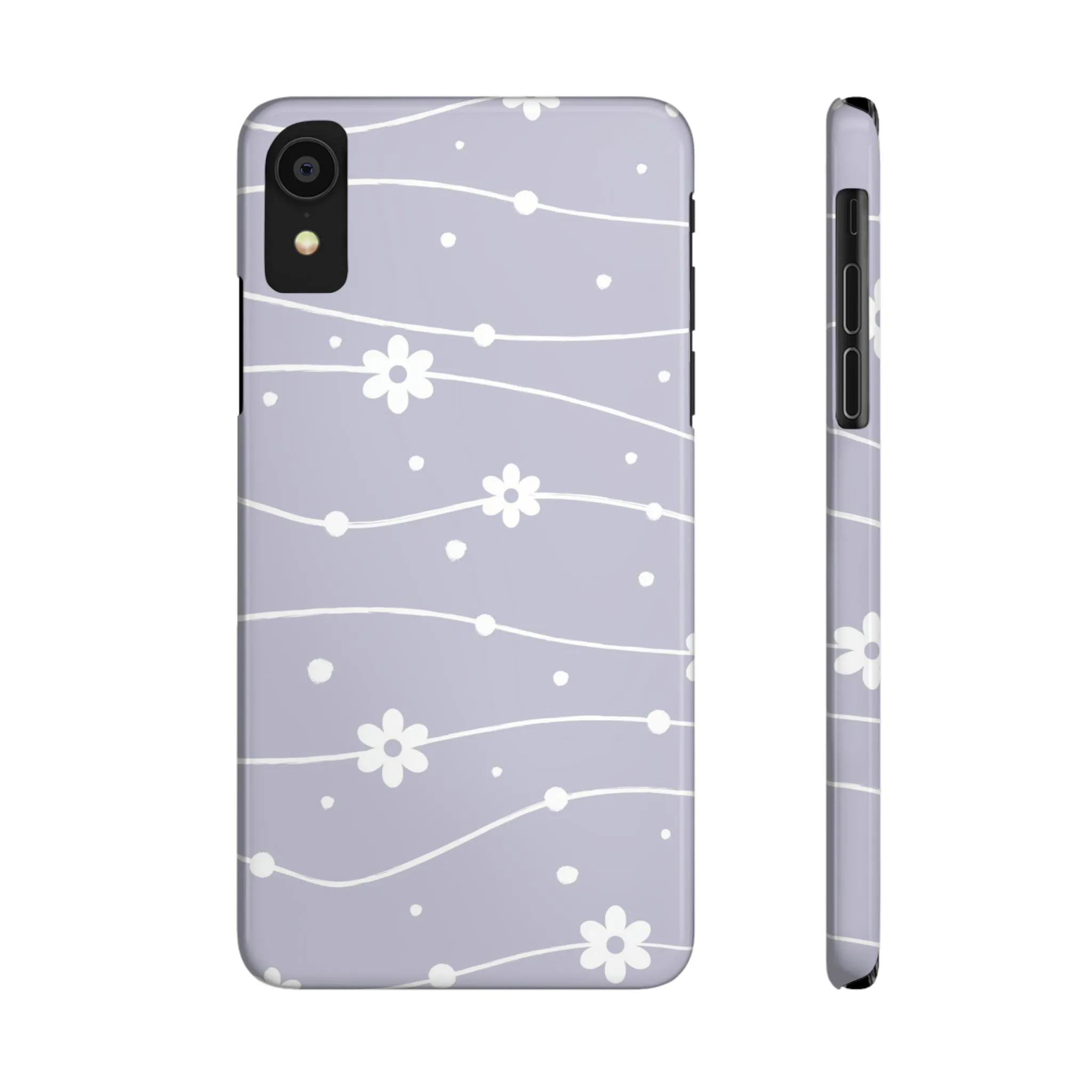 White Daisies and Polka Dots with purple background Design Sleek Elegance Wireless-Charging Compatible Phone Case Slim Phone Case compatible with over 20 iphone models