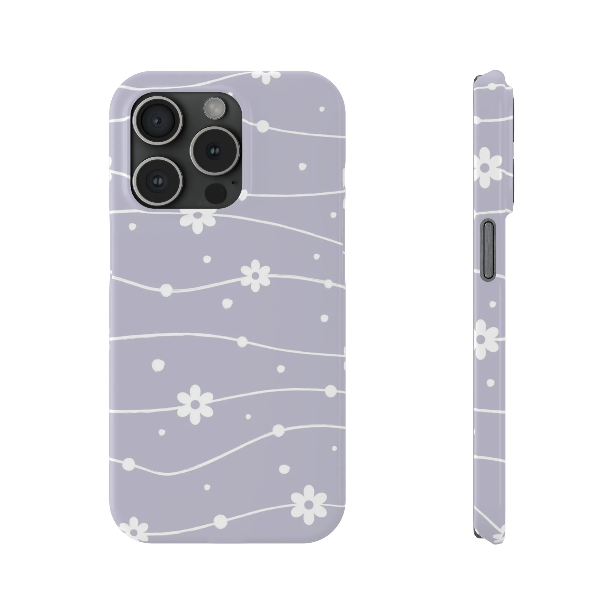 White Daisies and Polka Dots with purple background Design Sleek Elegance Wireless-Charging Compatible Phone Case Slim Phone Case compatible with over 20 iphone models