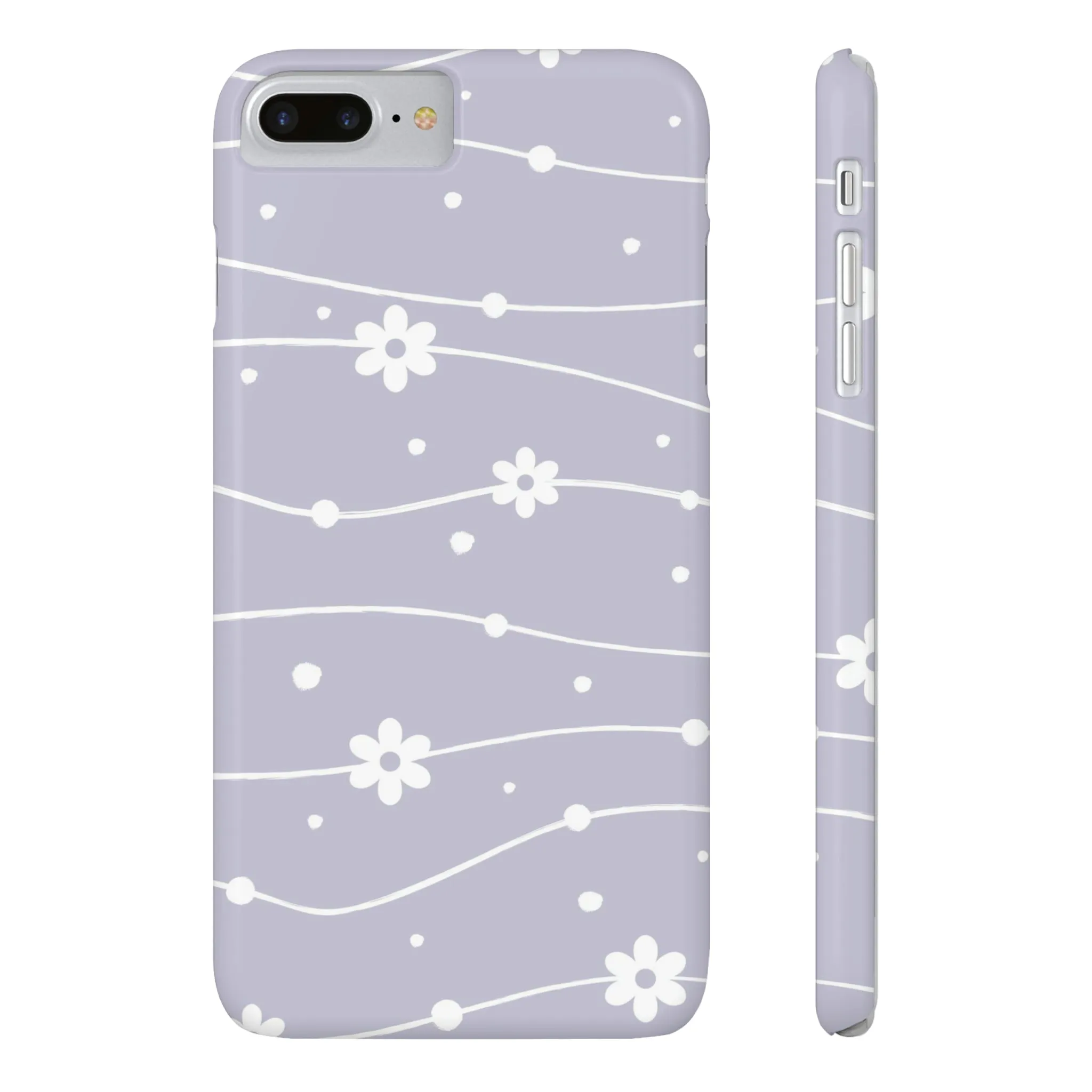 White Daisies and Polka Dots with purple background Design Sleek Elegance Wireless-Charging Compatible Phone Case Slim Phone Case compatible with over 20 iphone models