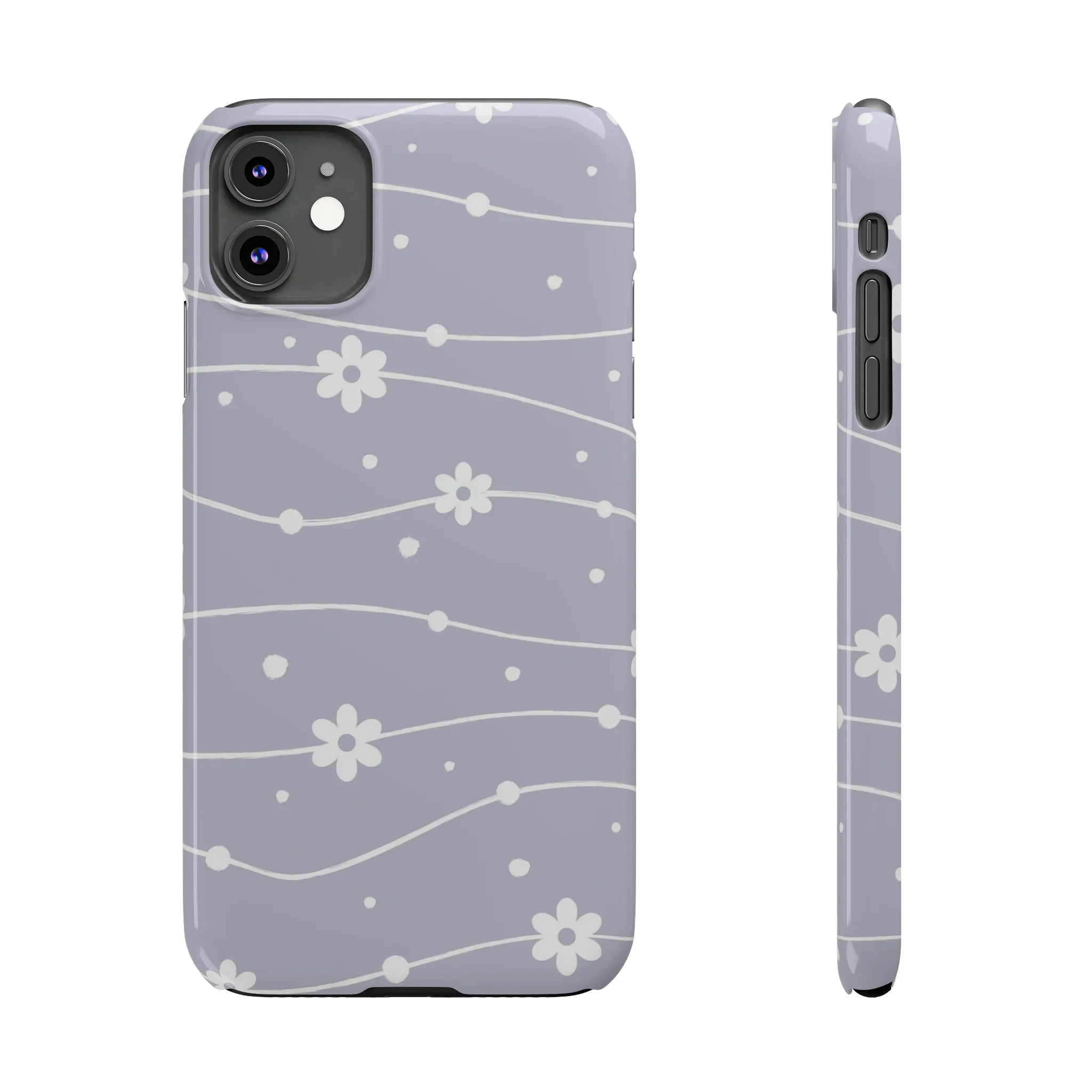 White Daisies and Polka Dots with purple background Design Sleek Elegance Wireless-Charging Compatible Phone Case Slim Phone Case compatible with over 20 iphone models