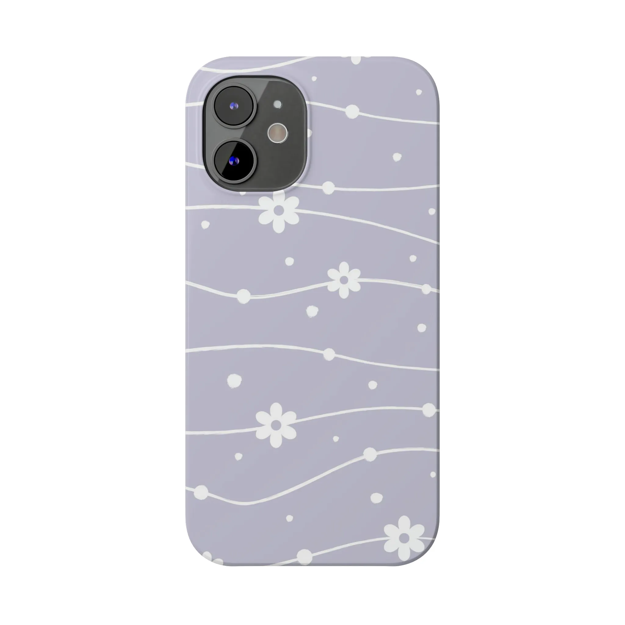 White Daisies and Polka Dots with purple background Design Sleek Elegance Wireless-Charging Compatible Phone Case Slim Phone Case compatible with over 20 iphone models