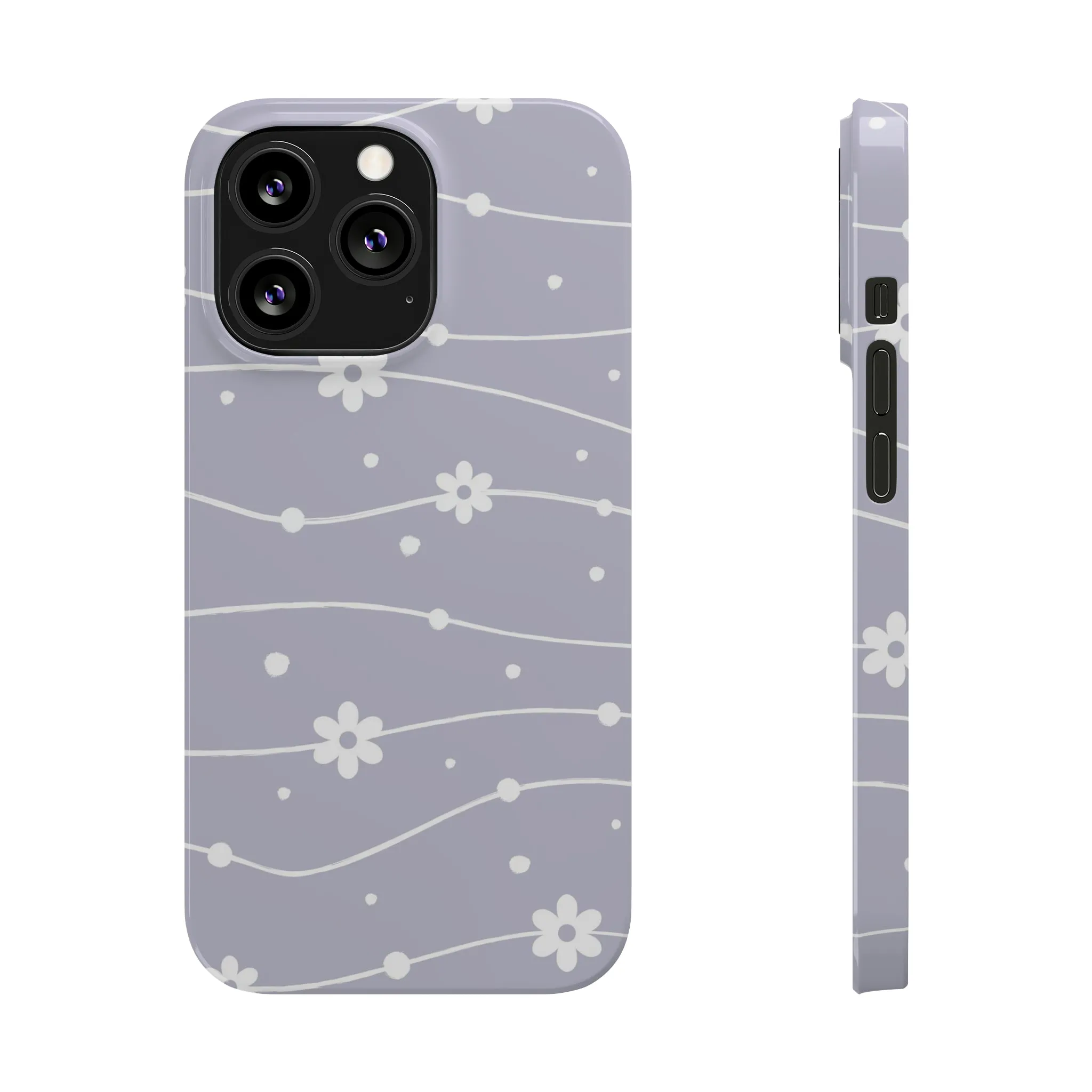 White Daisies and Polka Dots with purple background Design Sleek Elegance Wireless-Charging Compatible Phone Case Slim Phone Case compatible with over 20 iphone models