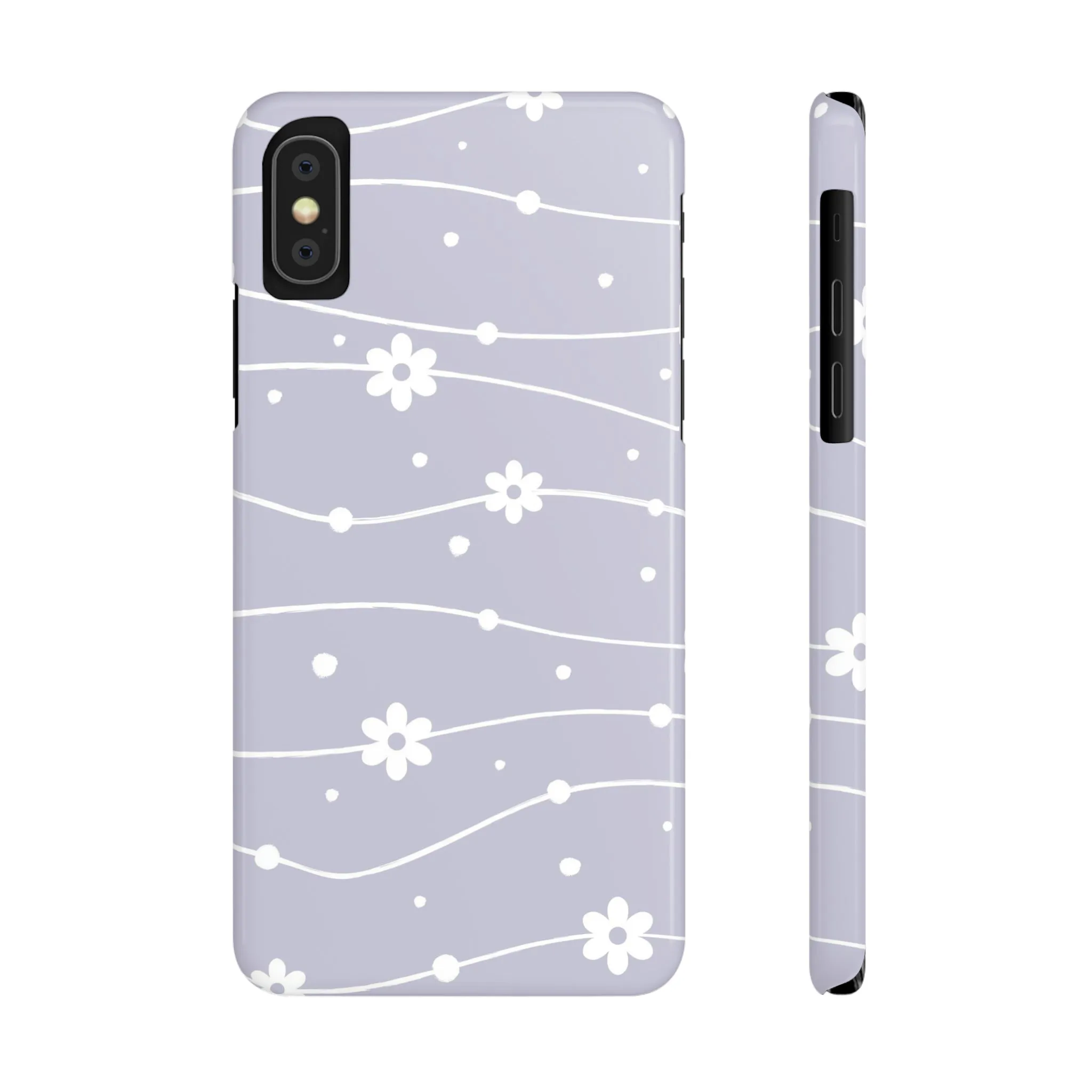 White Daisies and Polka Dots with purple background Design Sleek Elegance Wireless-Charging Compatible Phone Case Slim Phone Case compatible with over 20 iphone models