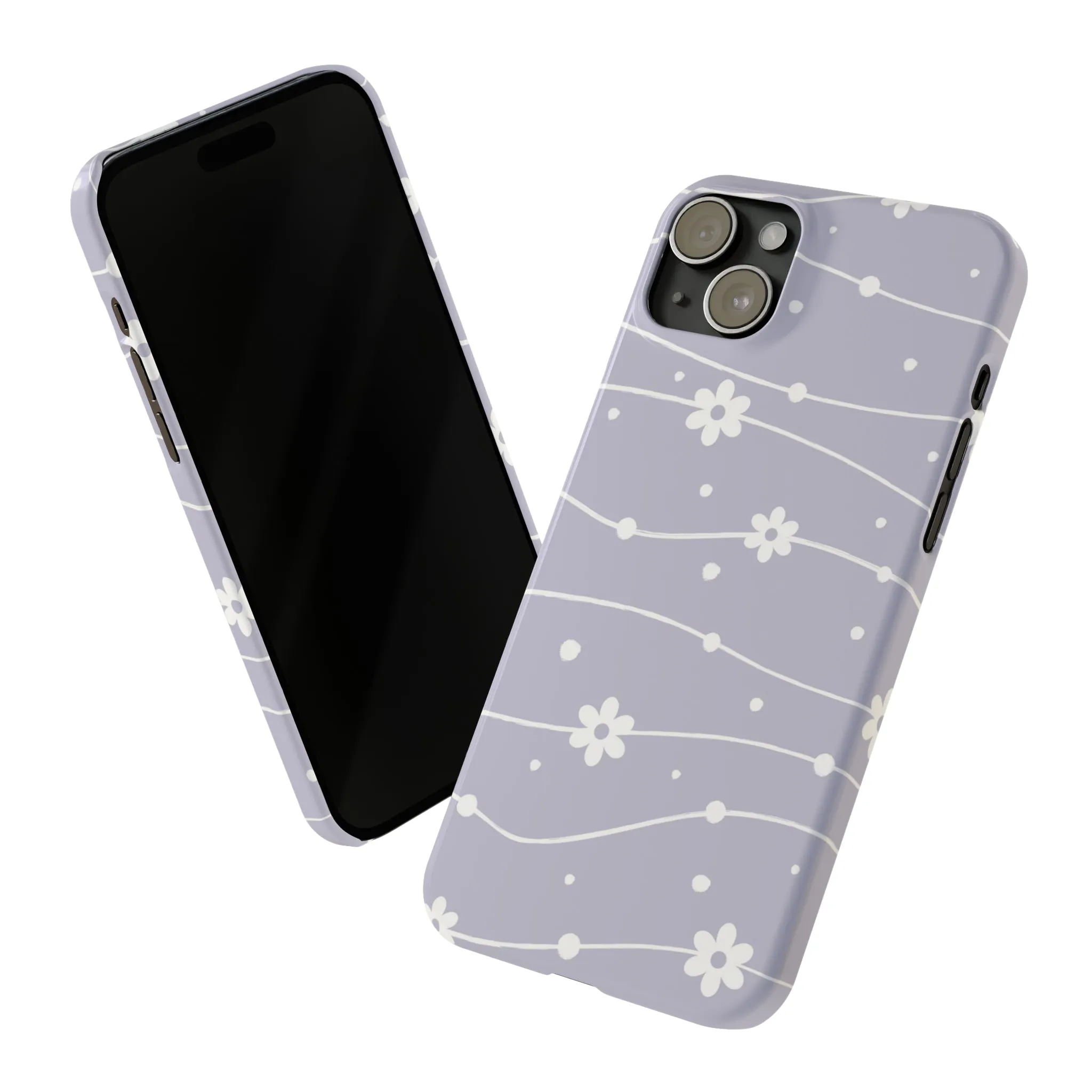 White Daisies and Polka Dots with purple background Design Sleek Elegance Wireless-Charging Compatible Phone Case Slim Phone Case compatible with over 20 iphone models