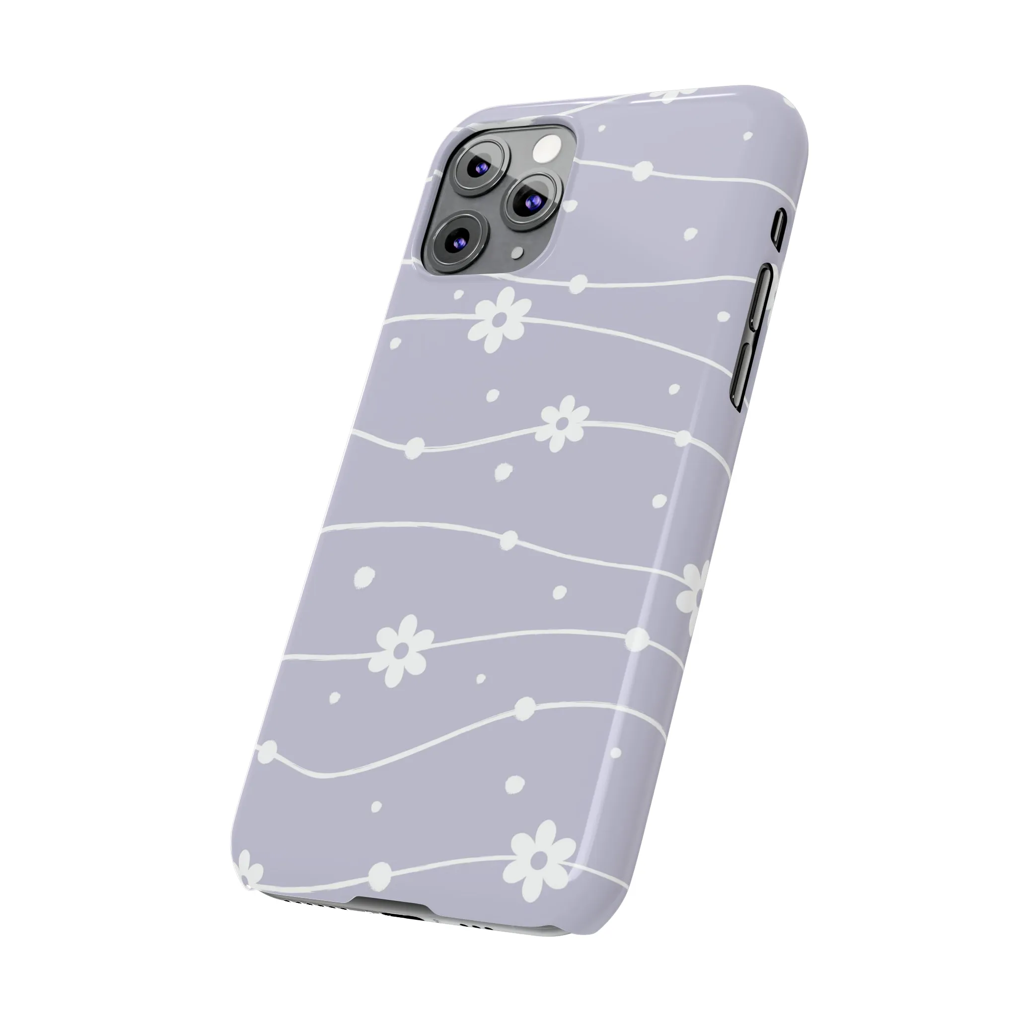 White Daisies and Polka Dots with purple background Design Sleek Elegance Wireless-Charging Compatible Phone Case Slim Phone Case compatible with over 20 iphone models