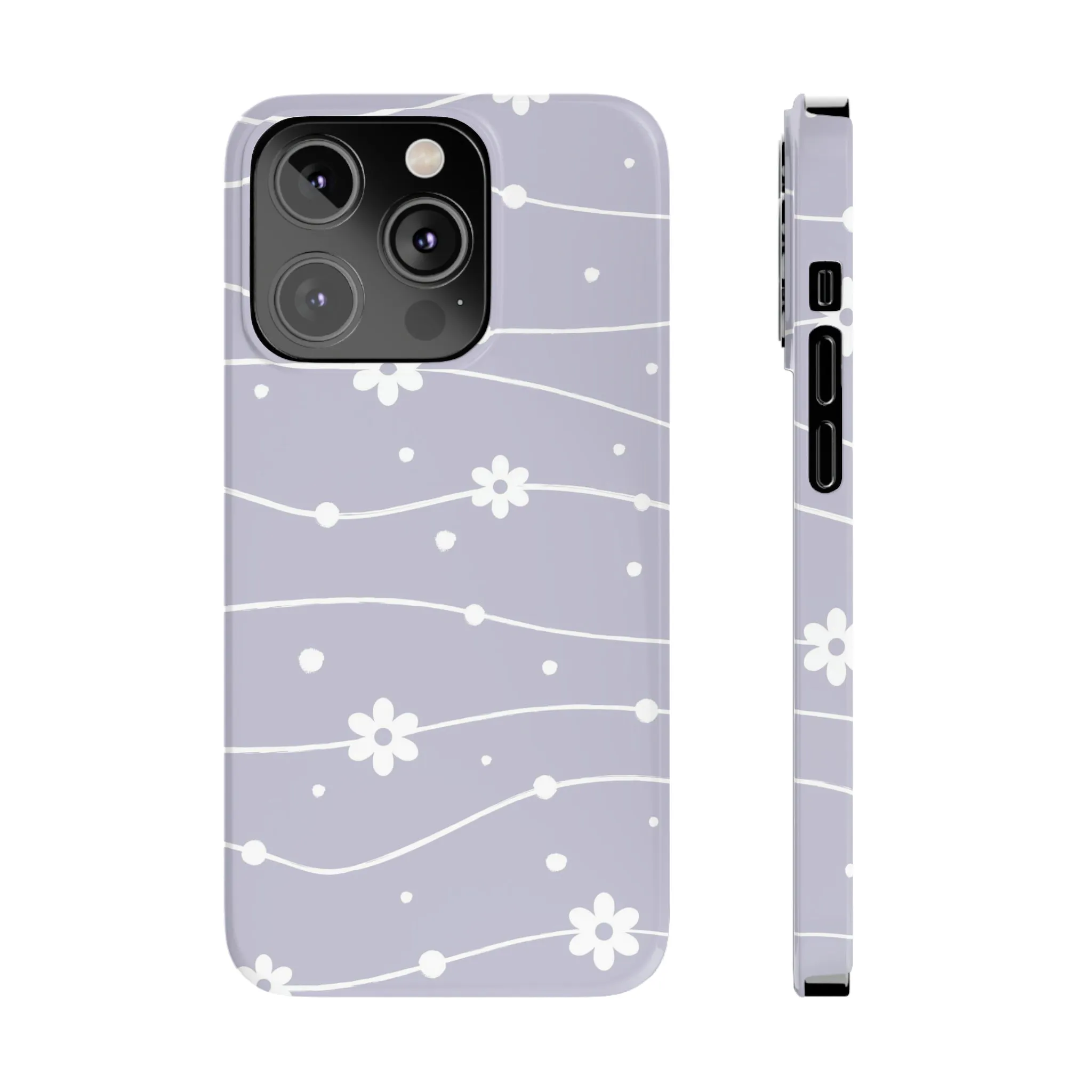 White Daisies and Polka Dots with purple background Design Sleek Elegance Wireless-Charging Compatible Phone Case Slim Phone Case compatible with over 20 iphone models