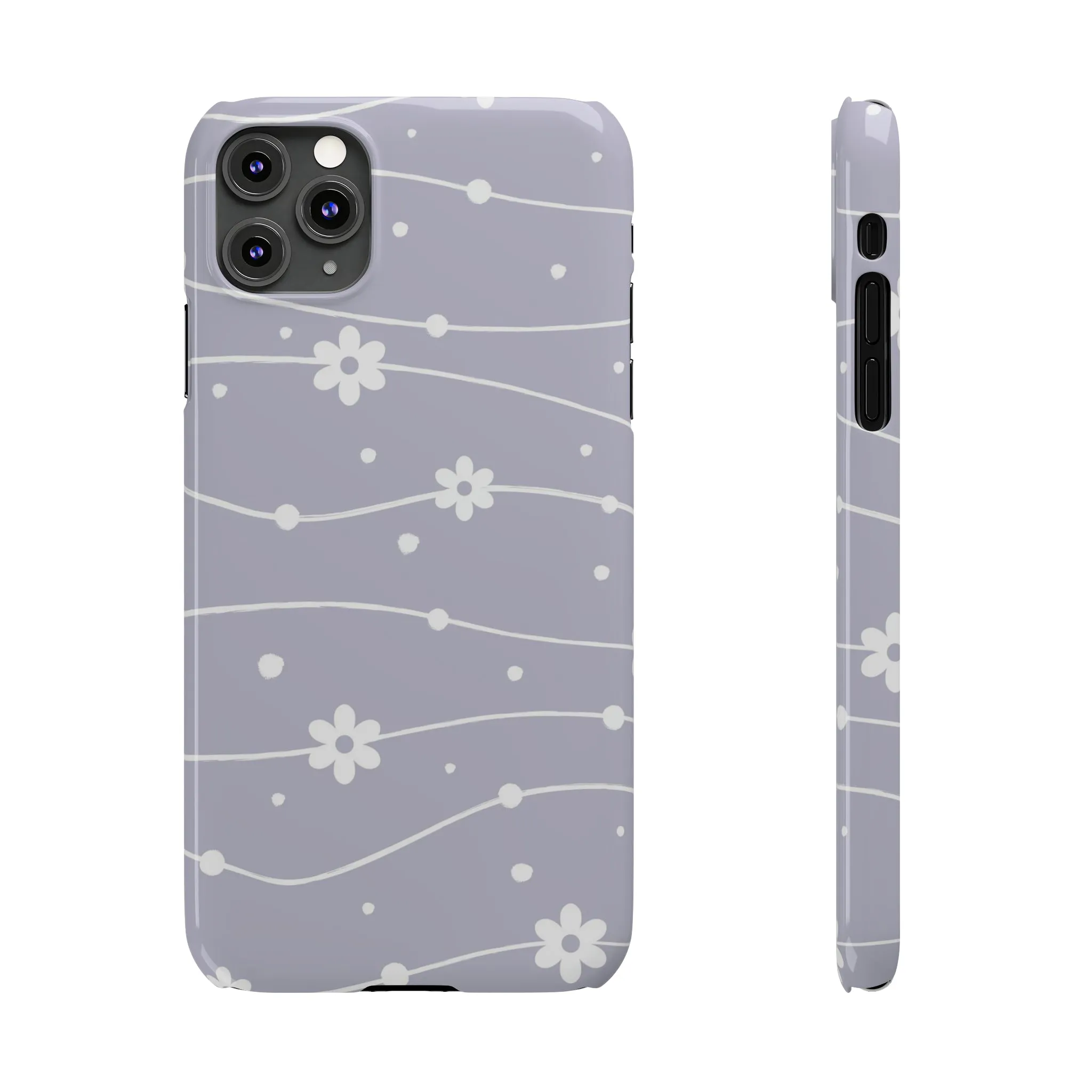 White Daisies and Polka Dots with purple background Design Sleek Elegance Wireless-Charging Compatible Phone Case Slim Phone Case compatible with over 20 iphone models