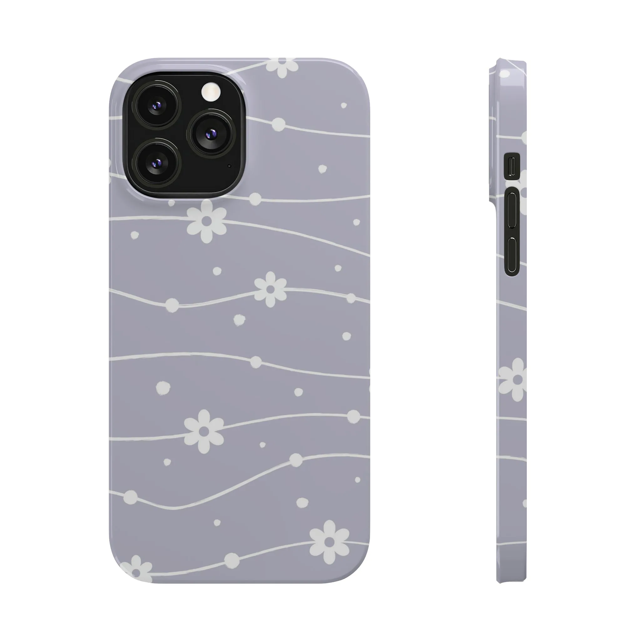 White Daisies and Polka Dots with purple background Design Sleek Elegance Wireless-Charging Compatible Phone Case Slim Phone Case compatible with over 20 iphone models