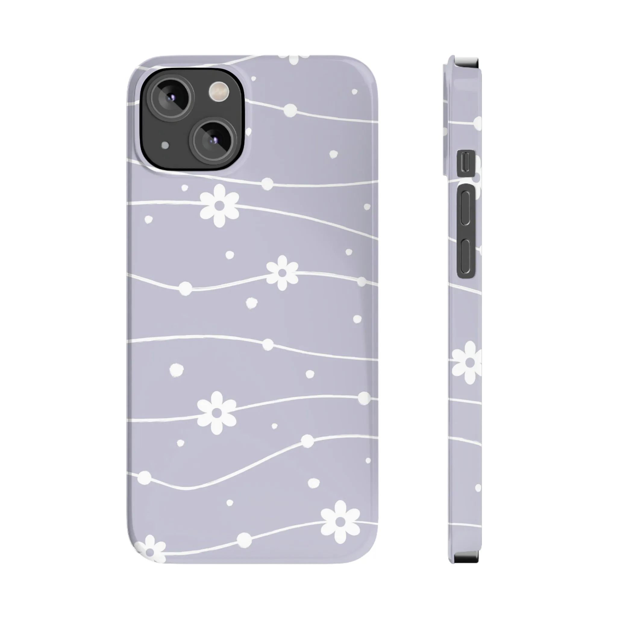 White Daisies and Polka Dots with purple background Design Sleek Elegance Wireless-Charging Compatible Phone Case Slim Phone Case compatible with over 20 iphone models