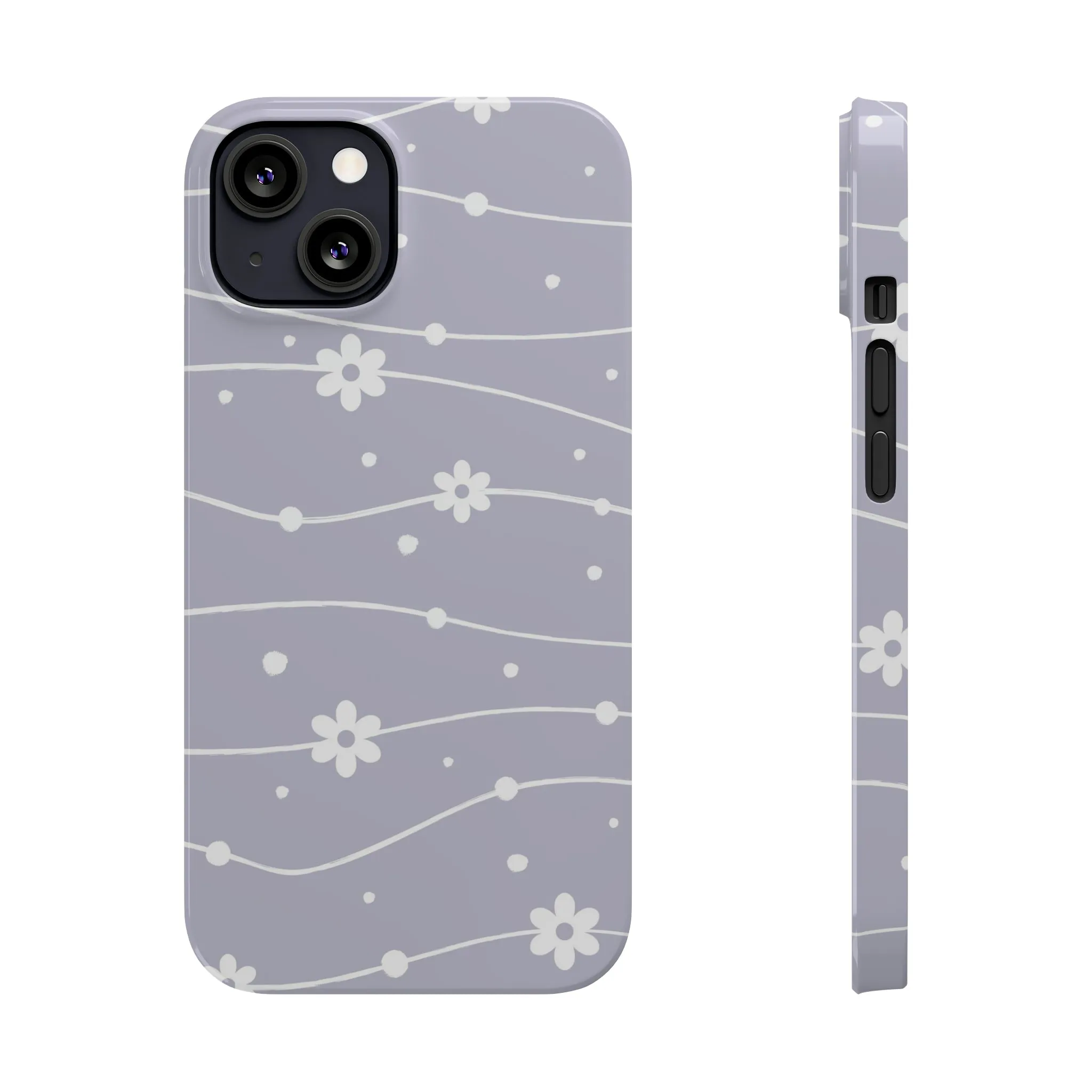 White Daisies and Polka Dots with purple background Design Sleek Elegance Wireless-Charging Compatible Phone Case Slim Phone Case compatible with over 20 iphone models