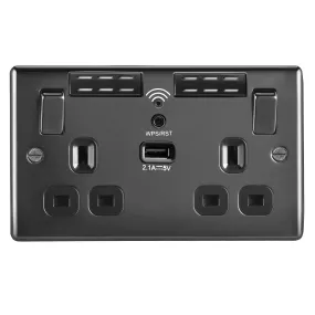 WiFi Extender Socket USB 13A 2-Gang Raised Slim Sleek Switched Black Nickel