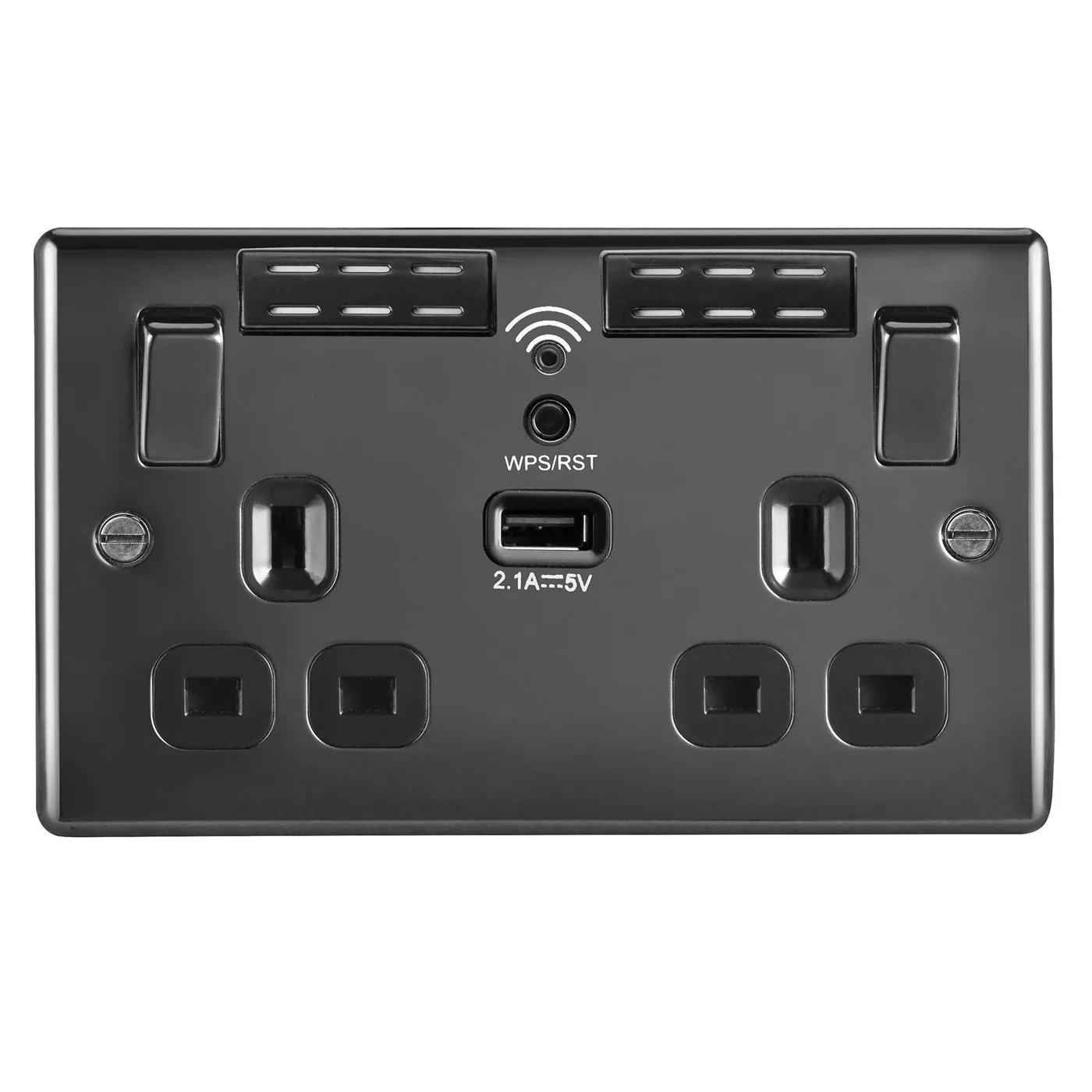 WiFi Extender Socket USB 13A 2-Gang Raised Slim Sleek Switched Black Nickel