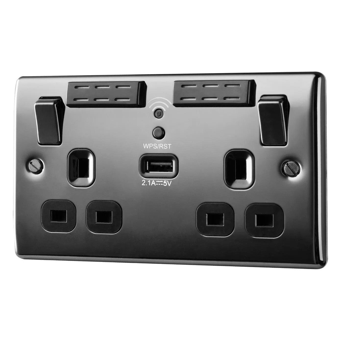 WiFi Extender Socket USB 13A 2-Gang Raised Slim Sleek Switched Black Nickel