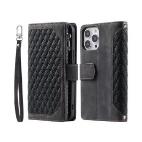 Zipper Wallet Mobile Phone Case for Samsung Galaxy S22 Ultra with Wrist Strap - Black