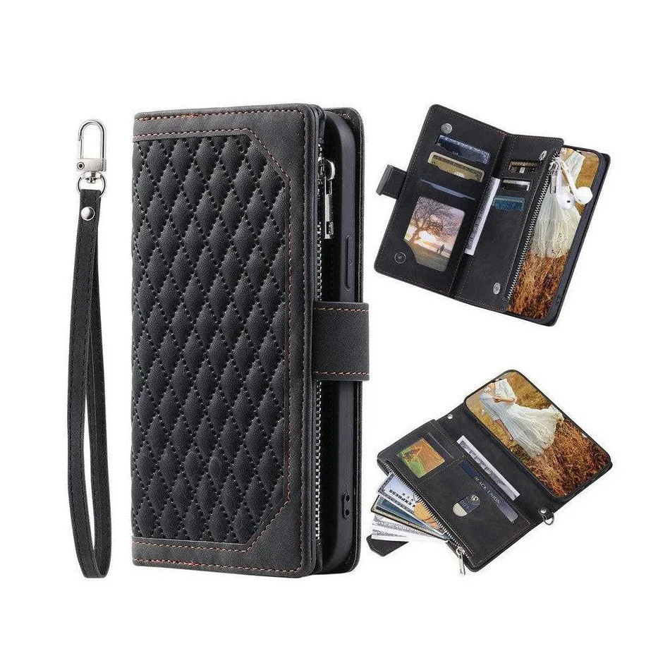 Zipper Wallet Mobile Phone Case for Samsung Galaxy S22 Ultra with Wrist Strap - Black