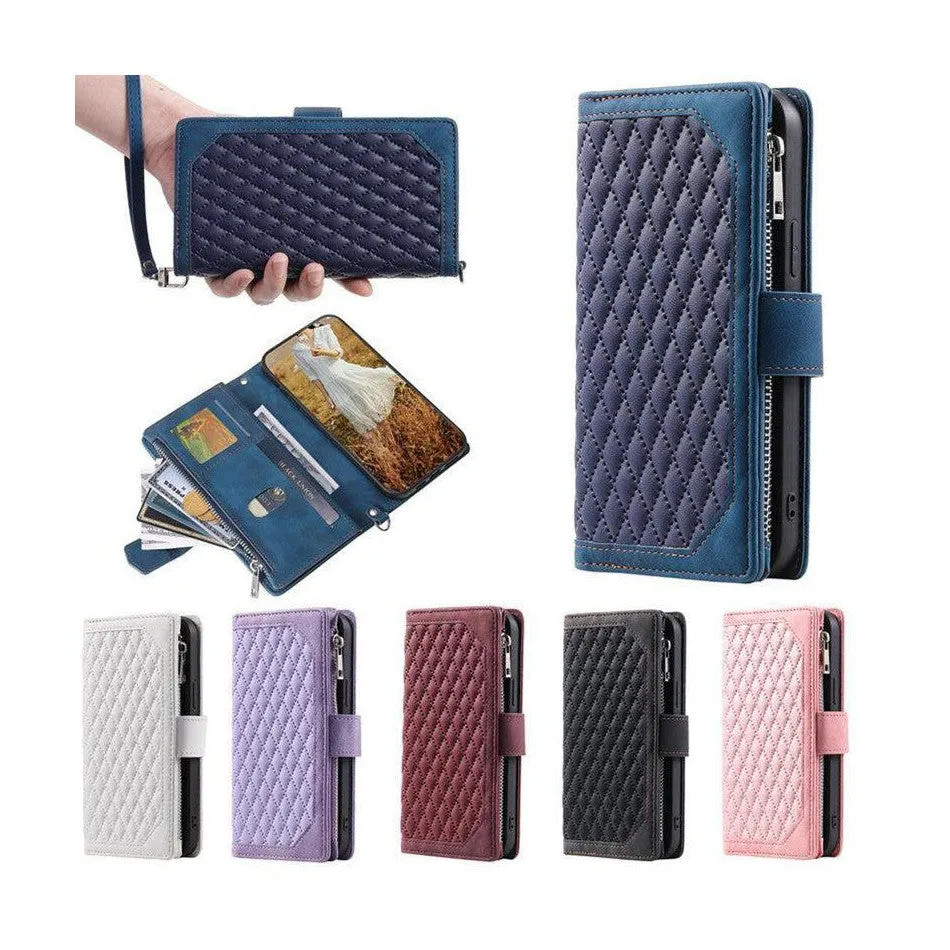 Zipper Wallet Mobile Phone Case for Samsung Galaxy S22 Ultra with Wrist Strap - Black