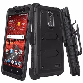 ZTE Blade Spark Z971, ZTE ZMAX One, ZTE Grand X4, X 4 Case, Rugged [Built-in Screen Protector] Heavy Duty Holster Shell Combo Cover - Black