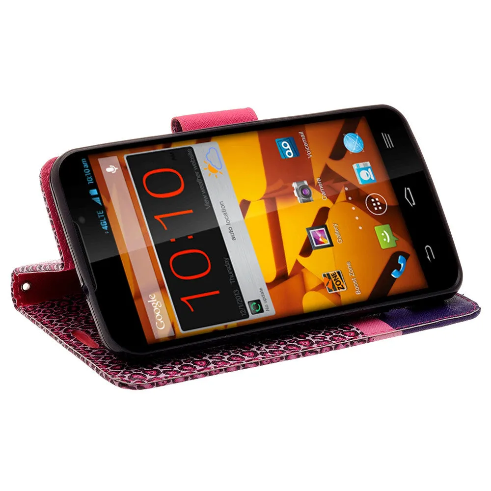 ZTE Max | N9520 | Boost Max Case, Wrist Strap Magnetic Flip Fold[Kickstand] Pu Leather Wallet Case with ID & Card Slots - Cheetah Prints