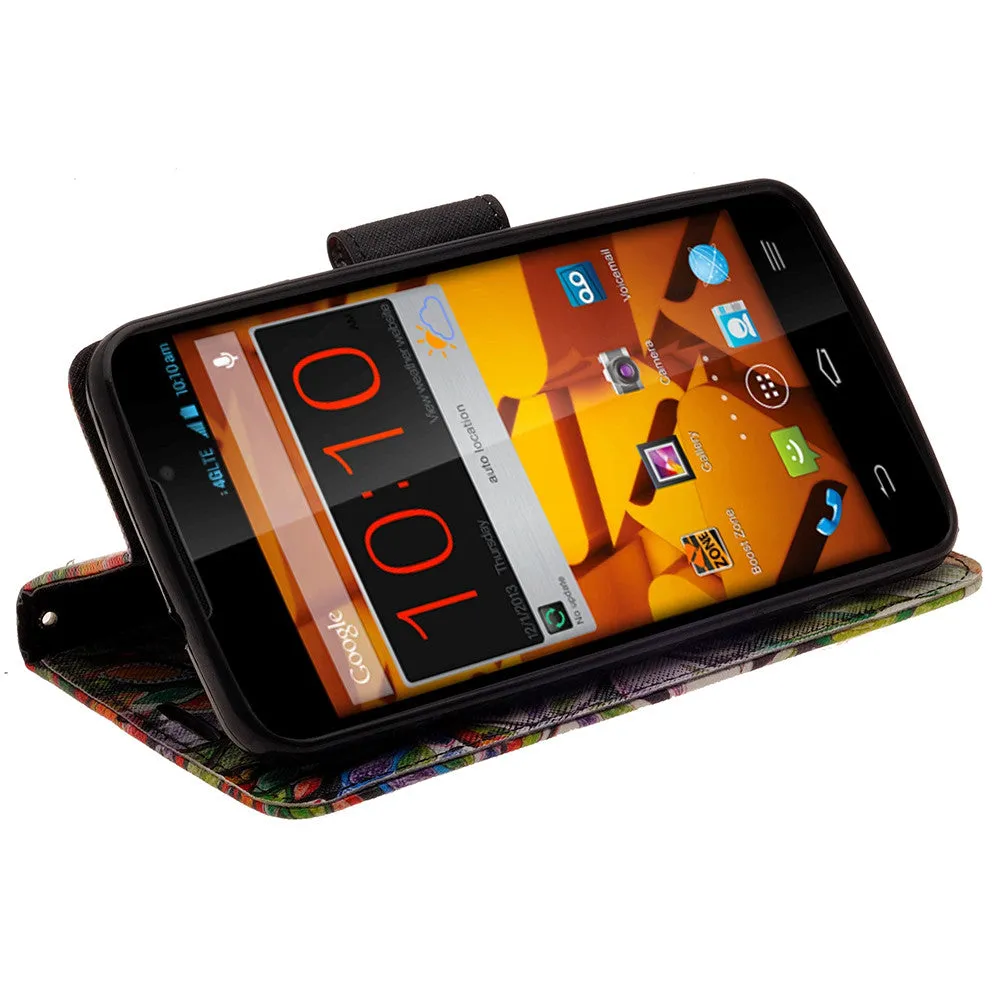 ZTE Max | N9520 | Boost Max Case, Wrist Strap Magnetic Flip Fold[Kickstand] Pu Leather Wallet Case with ID & Card Slots - Colorful Tree