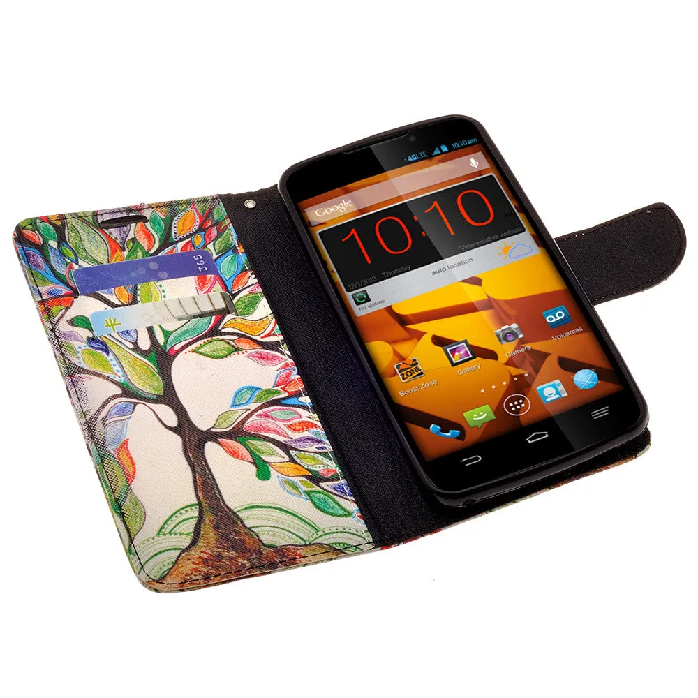 ZTE Max | N9520 | Boost Max Case, Wrist Strap Magnetic Flip Fold[Kickstand] Pu Leather Wallet Case with ID & Card Slots - Colorful Tree