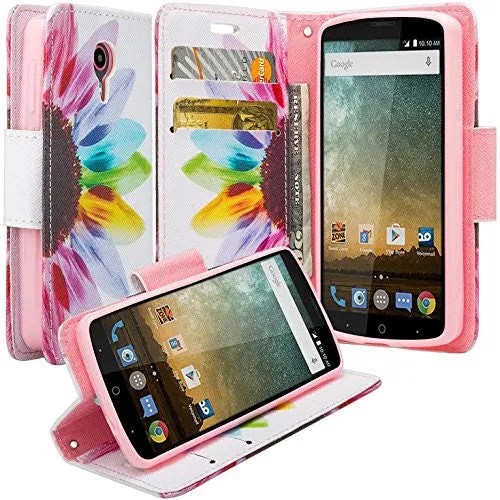 ZTE Prestige Case | ZTE Sonata 3 | ZTE Avid Plus | ZTE Avid Trio Pu Leather Magnetic Flip Fold[Kickstand] Wrist Strap Wallet Case with ID & Card Slots for ZTE Prestige/Sonata3/Avid/Avid Plus - Vivid Sunflower