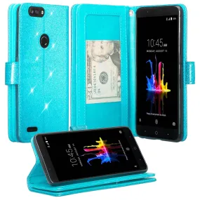 ZTE Sequoia Case, Blade Z Max, ZTE Z982 Case, [Wrist Strap] Glitter Faux Leather Flip [Kickstand Feature] Protective Wallet Case Clutch - Teal