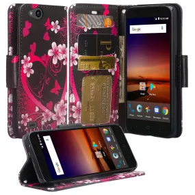 ZTE Tempo X Case, Tempo Go, Blade Vantage, Avid 4, ZFive C, ZFive G, N9137, Z557BL, Z558VL, Slim Flip Fold [Kickstand] Faux Leather Wallet Cover w/ Slots & Pocket   Wrist Strap - Heart Butterflies