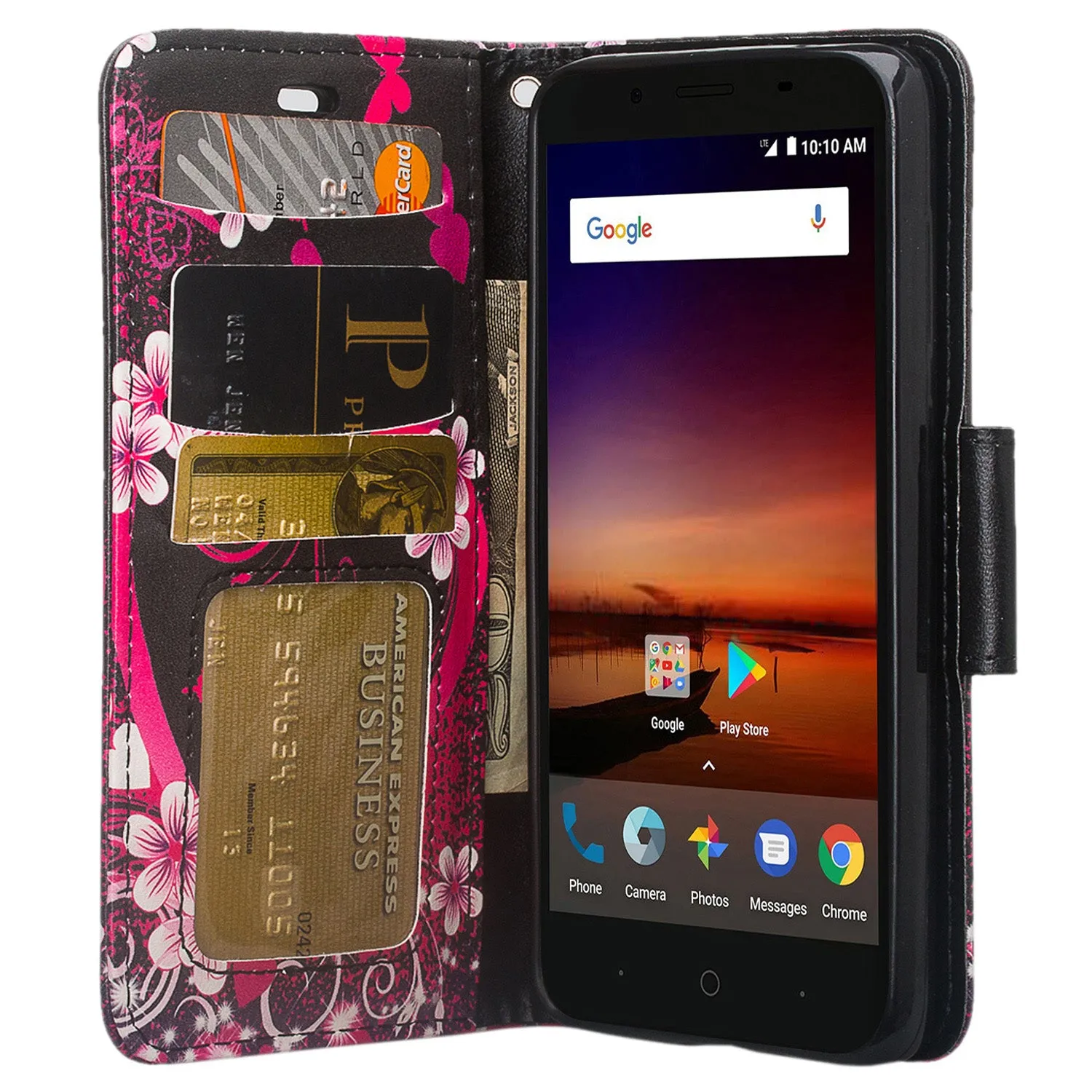 ZTE Tempo X Case, Tempo Go, Blade Vantage, Avid 4, ZFive C, ZFive G, N9137, Z557BL, Z558VL, Slim Flip Fold [Kickstand] Faux Leather Wallet Cover w/ Slots & Pocket   Wrist Strap - Heart Butterflies