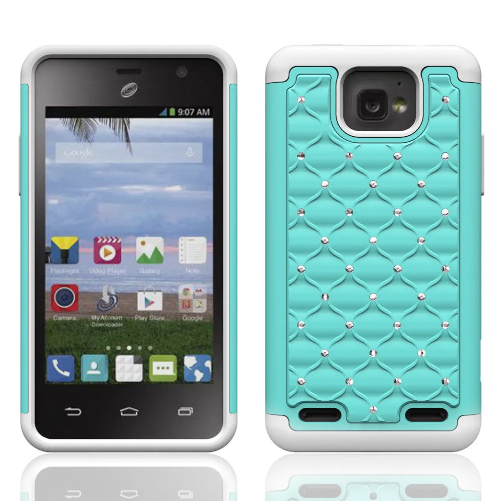 ZTE Zephyr Rhinestone Case , Slim Hybrid Dual Layer[Shock Resistant] Crystal Rhinestone Studded Case Cover - Baby Teal/White